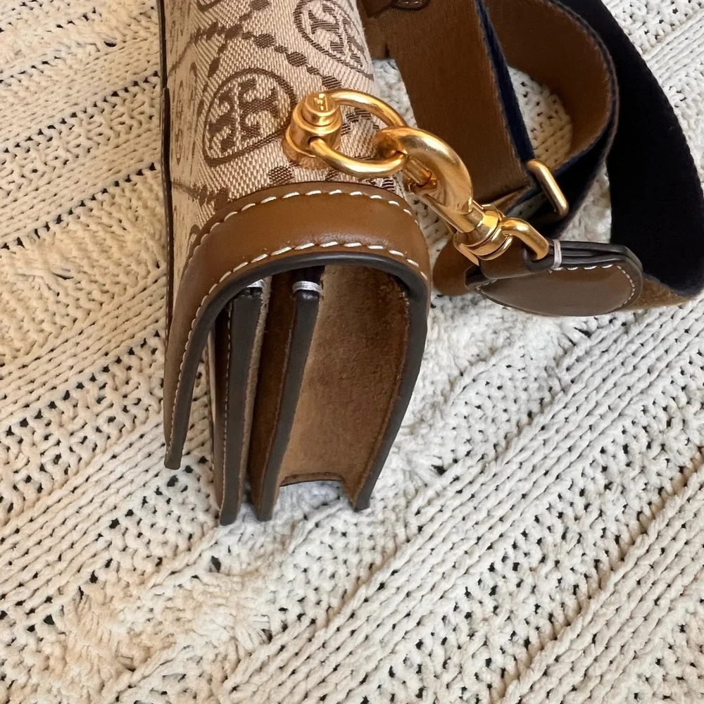 Tory Burch Beige Logo Canvas Crossbody with Brown Trim and Navy Strap